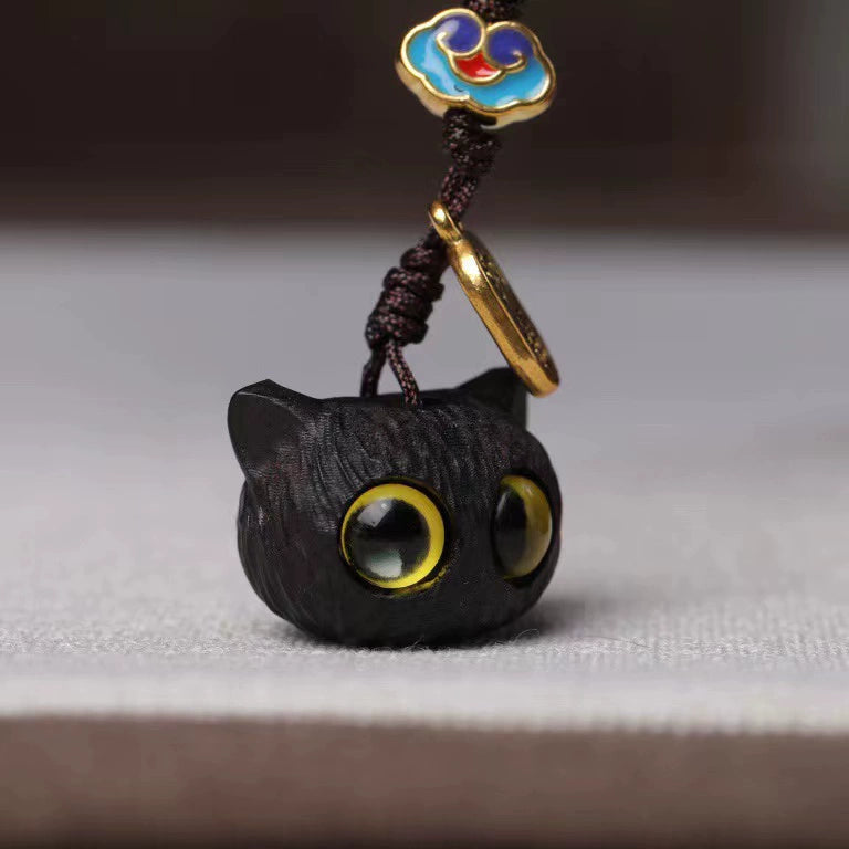 Handcrafted Black Sandalwood Fortune Cat Keychain