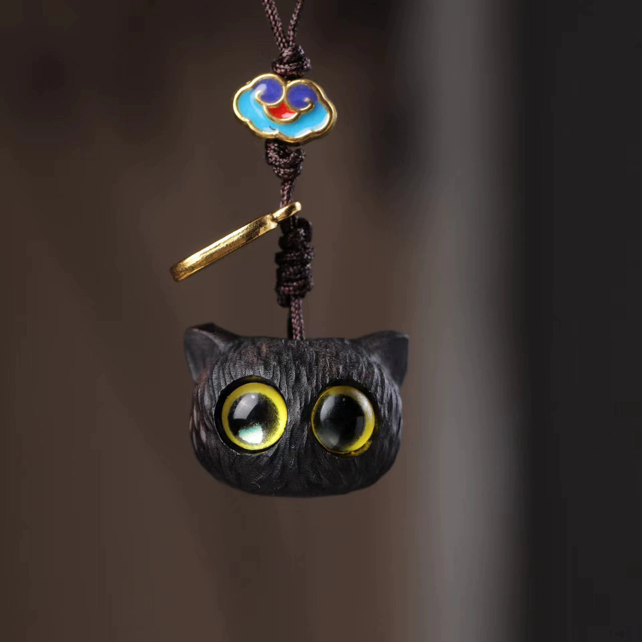 Handcrafted Black Sandalwood Fortune Cat Keychain