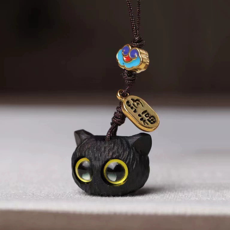 Handcrafted Black Sandalwood Fortune Cat Keychain