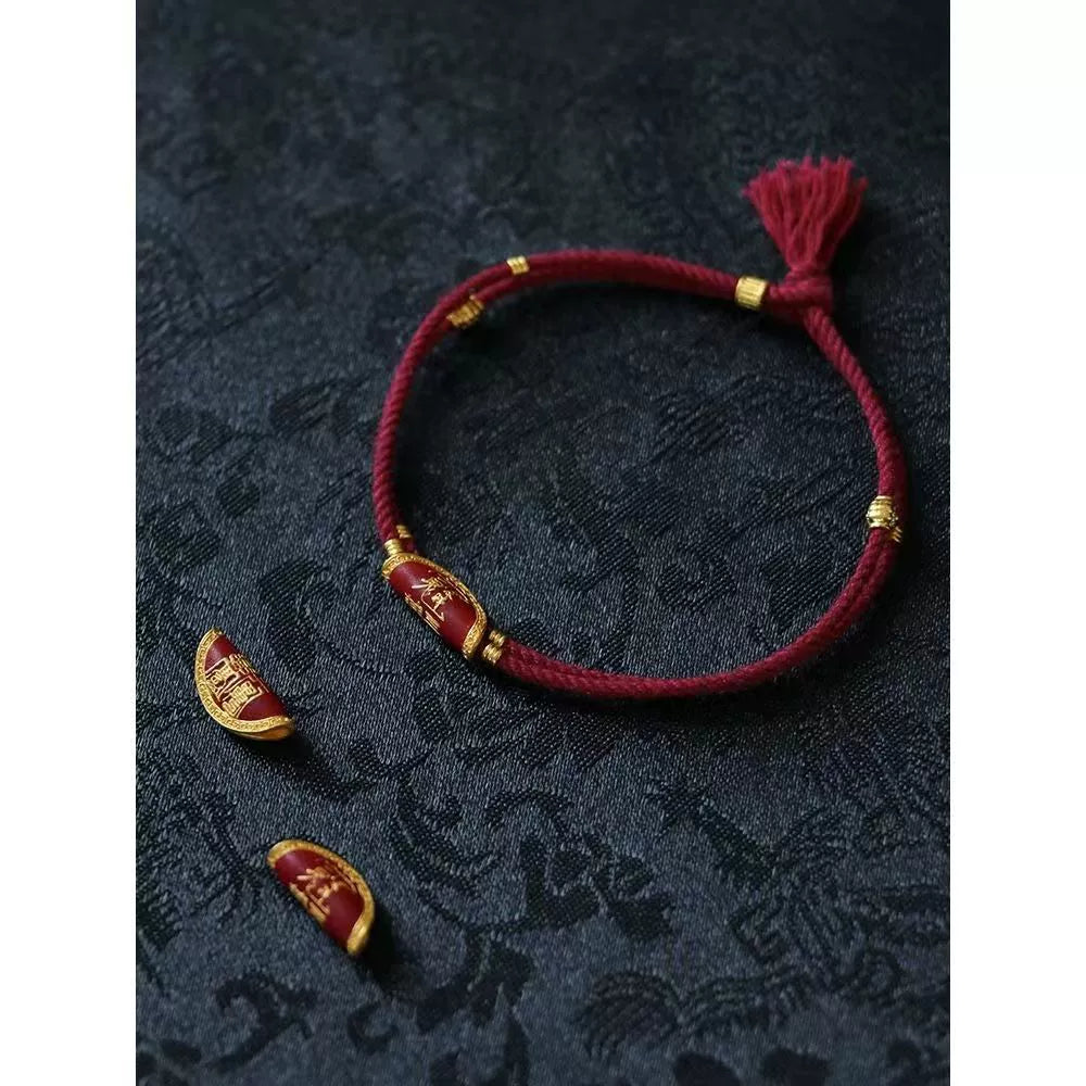 Vermilion Bracelet with Handcrafted High-Temperature Fired Blue Rope