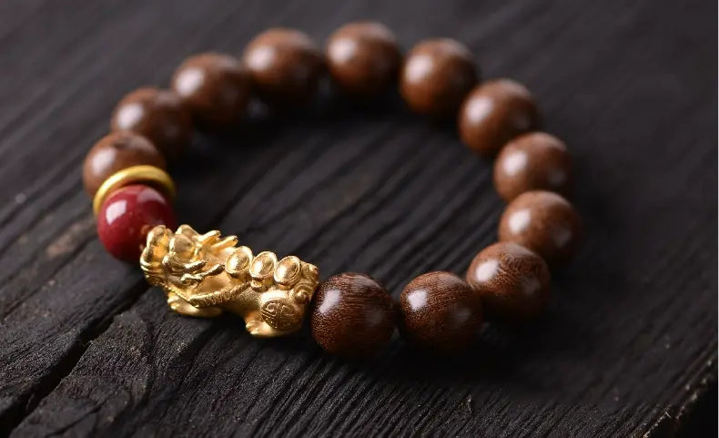 Attract Wealth Pixiu Sandalwood Bracelet with Gold Thread