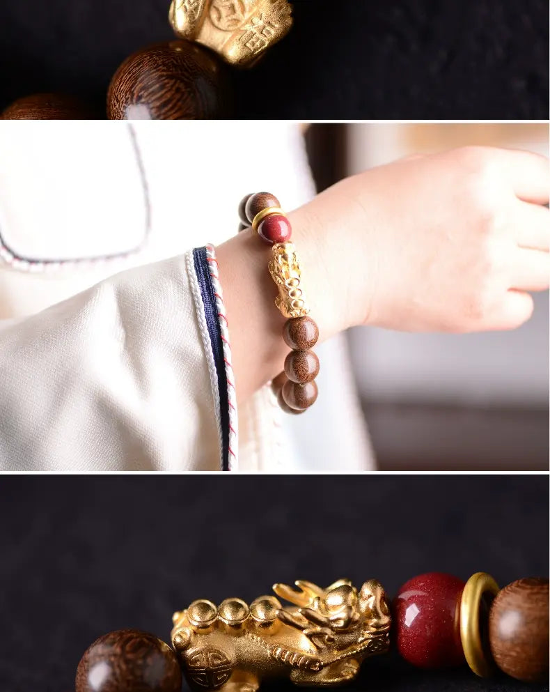 Attract Wealth Pixiu Sandalwood Bracelet with Gold Thread