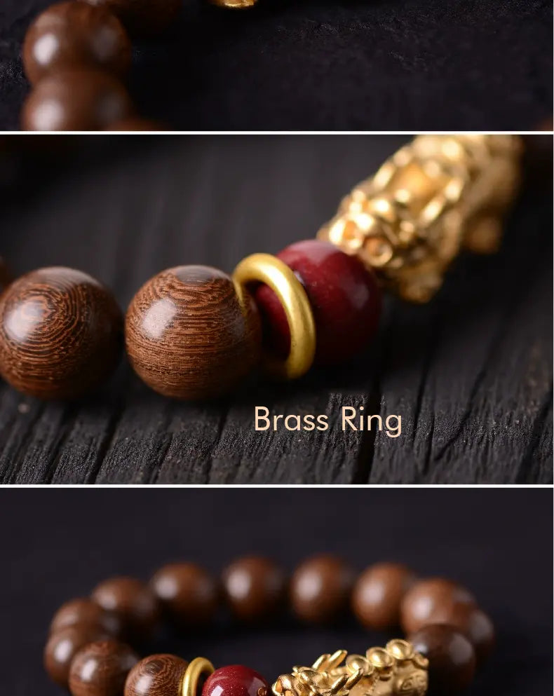 Attract Wealth Pixiu Sandalwood Bracelet with Gold Thread