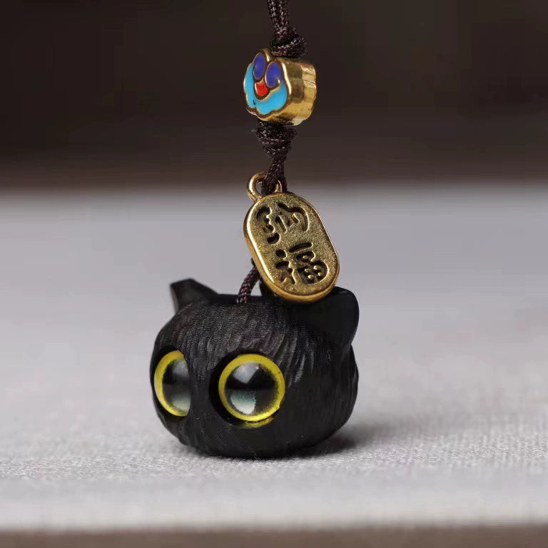 Handcrafted Black Sandalwood Fortune Cat Keychain